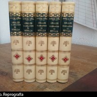 Anales de Sevilla, de Diego Ortiz de Zúñiga. 1795. Encuadernación de alta bibliofilia en medio pergamino. Lomo estampado en oro a mano y un losange en piel roja estampado con un florón para situar el número del tomo. A resaltar la dificultad de estampar el pergamino a mano y perfilar la pieza del mosaico. ©ICAS-SAHP, Dpto. Reprografía