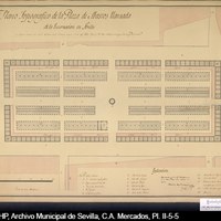 Plano (planta) de la Plaza de Abastos de la Encarnación, obra del arquitecto Melchor Cano (1794-1842). 1831 740 x 495 mm. El recinto está dividido en cuarteladas y cajones. ©ICAS-SAHP, Archivo Municipal de Sevilla, C.A. Mercados, Pl. II-5-5