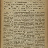 34. El golpe de Estado: el manifiesto del general Primo de Rivera. La Unión, 14 de septiembre de 1923. El golpe de Estado de Miguel Primo de Rivera se llevó a cabo el 13 de septiembre de 1923. Tuvo como consecuencia la instauración de una dictadura en España gracias al apoyo de  Alfonso XIII, que nombró al general sublevado jefe del Gobierno al frente de un Directorio militar. Primo de Rivera logró el triunfo al contar con el respaldo de unos pocos militares destacados y al publicar un manifiesto en la prensa dirigido al país y al Ejército. ©ICAS-SAHP, Hemeroteca Municipal de Sevilla.